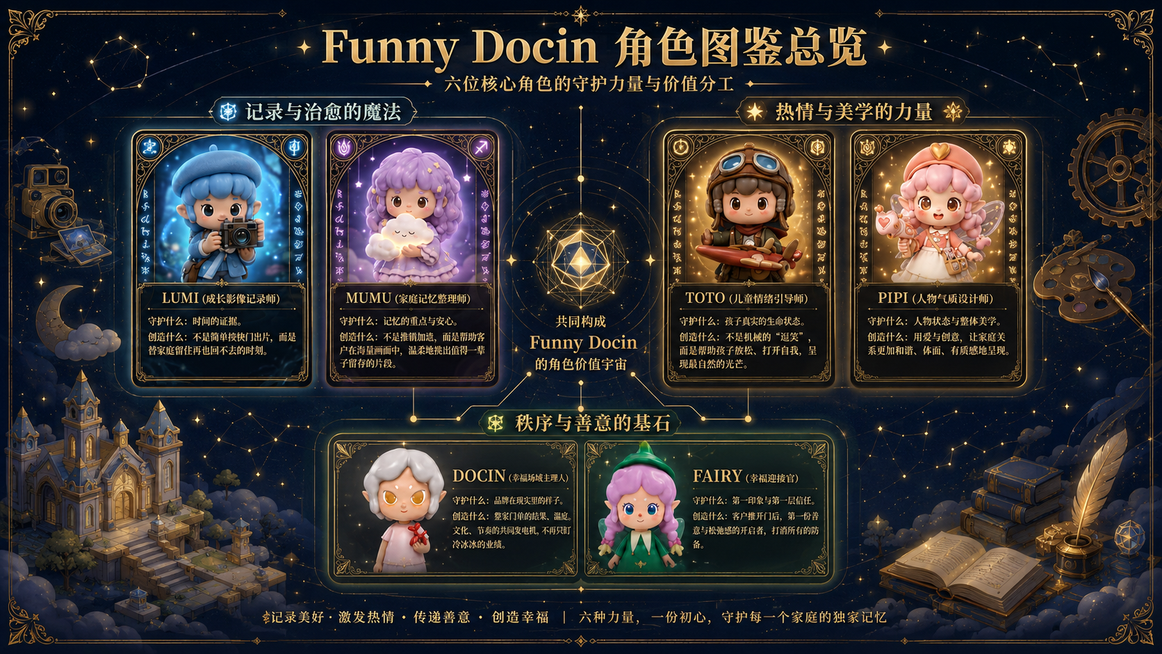 Funny Docin 角色图鉴总览 — 六位核心角色的守护力量与价值分工